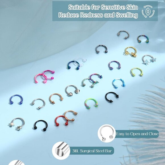 24 pcs Hypoallergenic Stainless Steel Septum and Cartilage Nose Rings Set with C - Picture 2 of 8